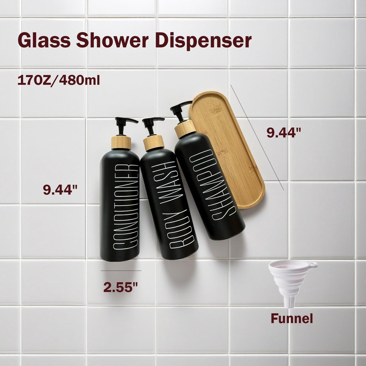 glazen shampoo en conditioner dispenserset met bamboe pompen en lade - 3 navulbare flessen voor de douche, vooraf geëtiketteerd voor body wash, shampoo, conditioner - 500ml/16.9oz elk — cadeau in Wonen & Interieur - foto 7