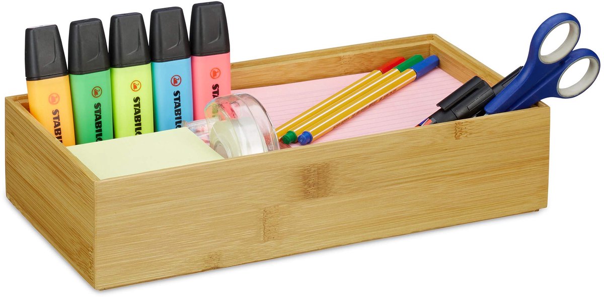 1x bamboe organizer, stapelbaar, natuurlijke look, opbergbox voor keuken of werkkamer, HxBxD: 7 x 30 x 15 cm, naturel