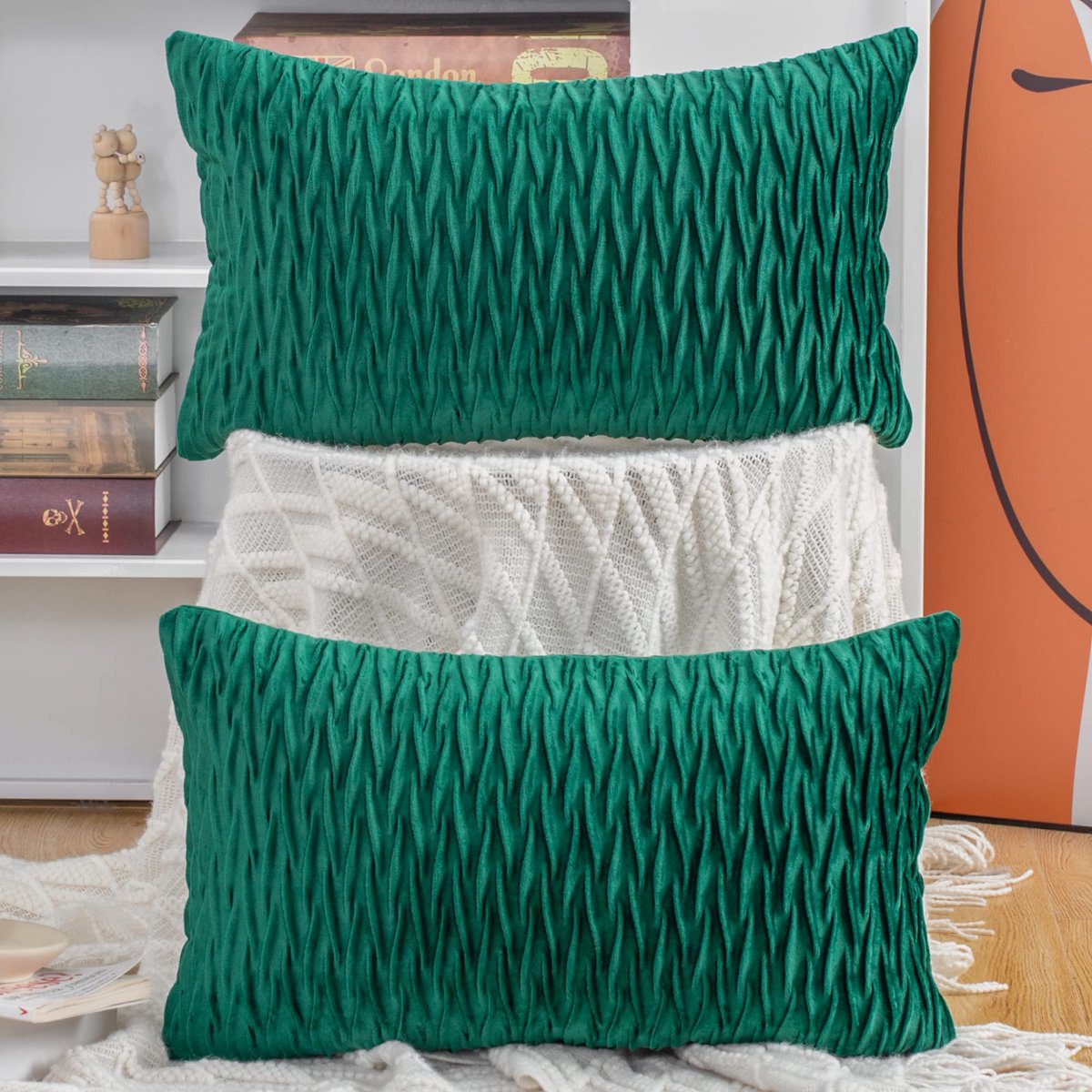 Set van 2 Super Zachte Fluwelen Decoratieve kussenslopen met Textuur Luxe Stijl Kussenhoesje voor Sofa Slaapkamer 30x50 cm Donkergroen
