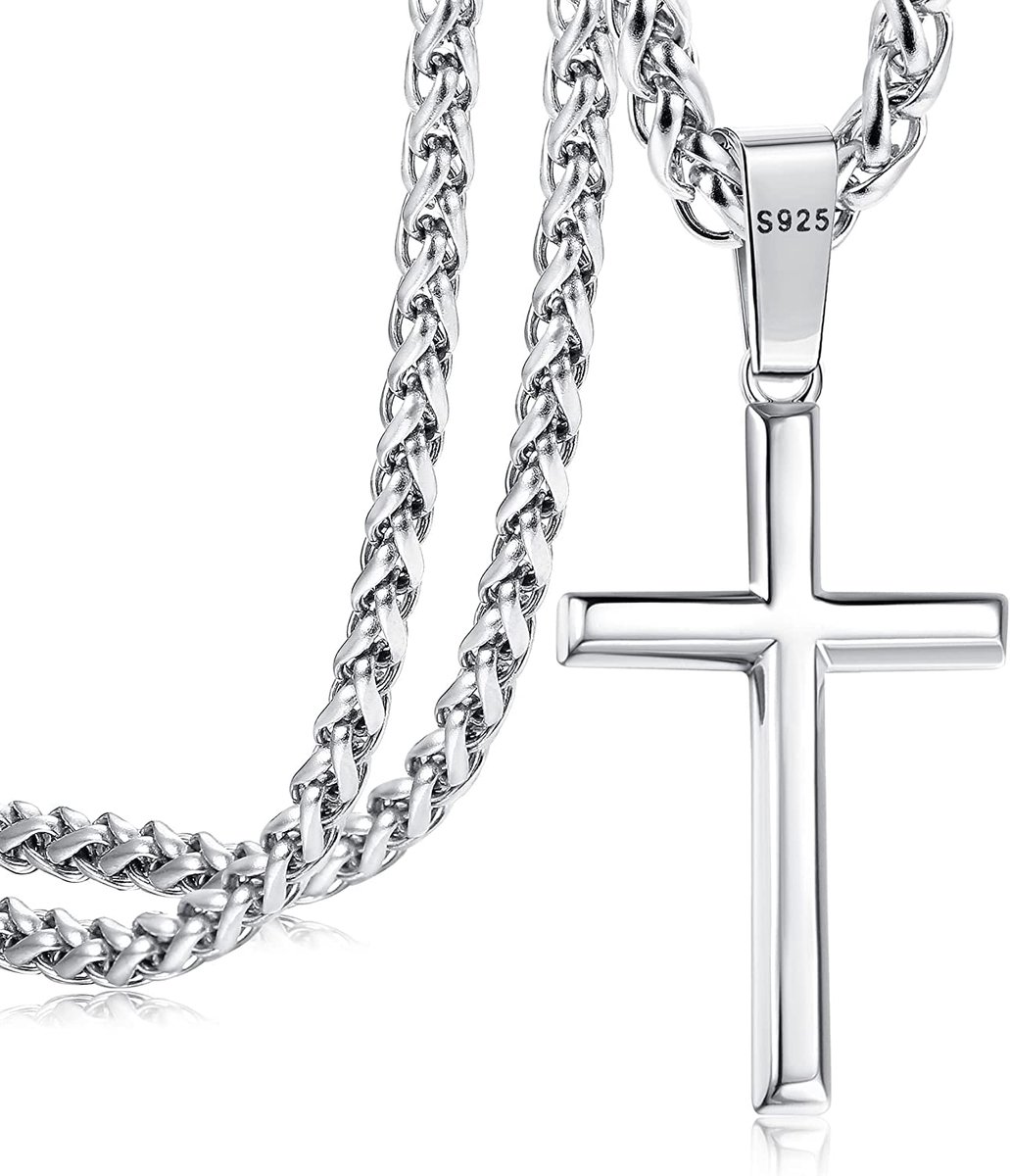 Ketting voor dames en heren, 925 zilver, kruishanger, halsketting, roestvrij staal, pantserketting, heren, zilveren ketting, kruis