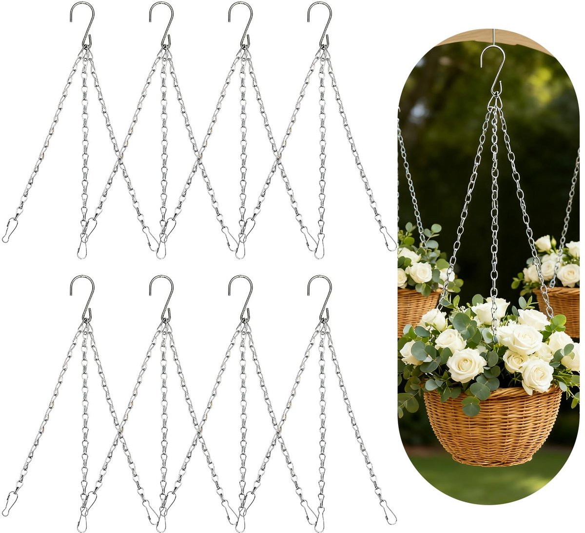 8 stuks hangkettingen met clips, 3-delige metalen ketting, hangmand, 40 cm, hangende mand, ophanghaak voor bloempotten, vogelkooi, plantenbakken, lantaarns (wit zink)