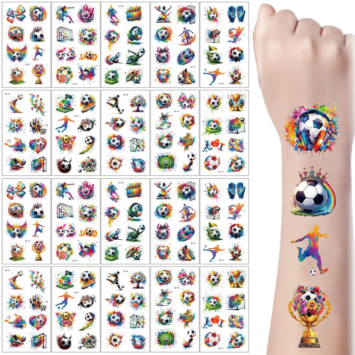20 vellen 120 stuks Aquarel Kleurrijk Voetbal Tijdelijke Tattoos Kinderen Meisjes Jongens, Voetbal Cadeaus voor Jongens, Voetbal Schooltas Vulling Jongens, Voetbal Decoratie Verjaardag voor Kinderen