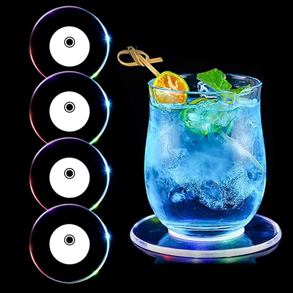 led-onderzetters, 4 stuks ON/off-knop drankonderzetters en waterdichte acryl ronde onderzetters voor glazen, flessen, feesten, bruiloften, bar, Kerstmis