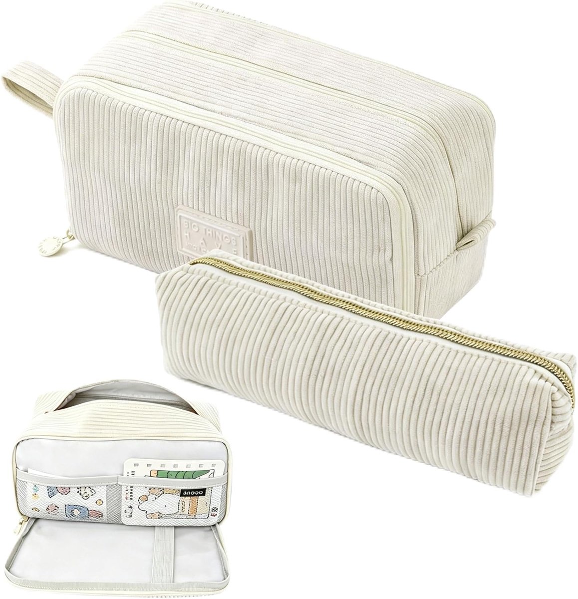 Pennenetui van corduroy, etui met 3 vakken, grote capaciteit, pennenetui, voor school en kantoor (beige, 2 stuks)