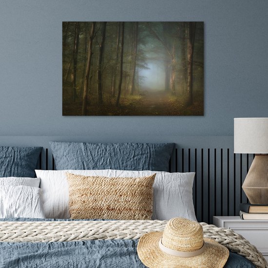 Poster 60x40 cm - Bos - Winter - Mist - Pad met bomen - Bospaden - Posters - Kamer decoratie - Wanddecoratie woonkamer - Muurdecoratie slaapkamer