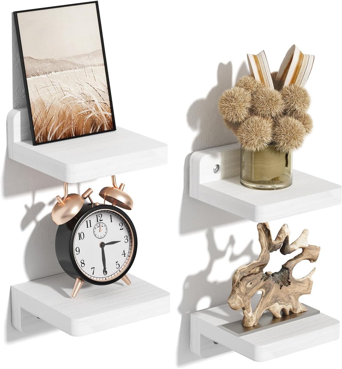 Kleine wandplank, wit, hout, 10 cm, zwevend rek, set van 4, mini-plank, wandplank, moderne decoratie voor keuken, slaapkamer, badkamer, woonkamer