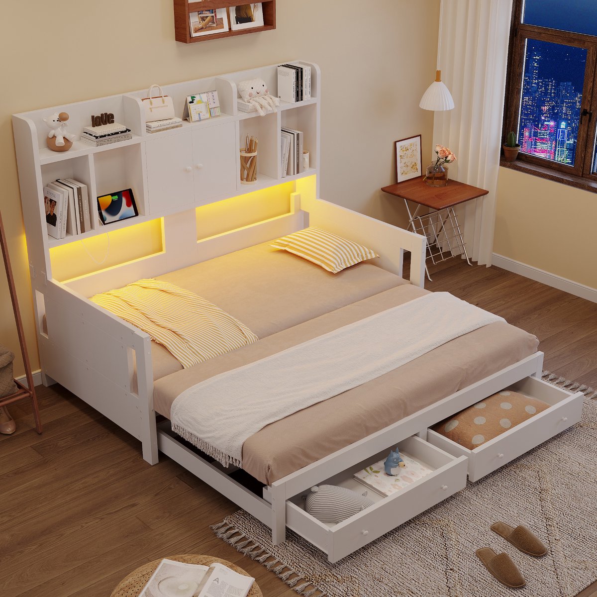 VVBV Bedbank 90x190 cm - Uitschuifbaar, Opbergruimte, Stopcontact, LED-Verlichting - Wit, Hout