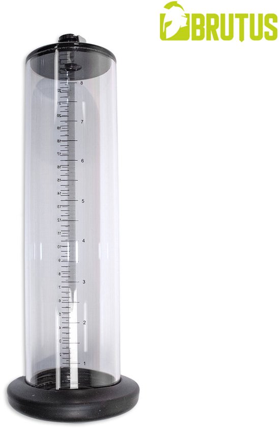 Brutus penis cilinder, 23 x 5 cm, met zwarte basis en maatverdeling.