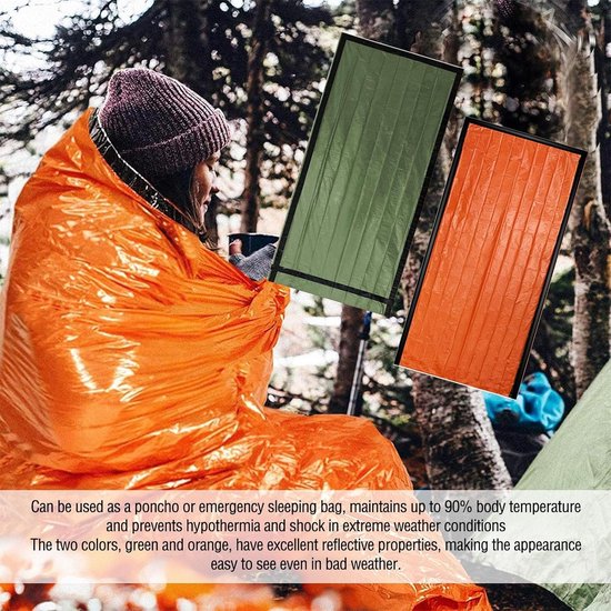 Nood Bivakzak voor Overleving, Waterdichte en Warmte-isolerende Slaapzak, Ideaal voor Kamperen en Outdoor Activiteiten, 213×91cm, Groen — afbeelding 3