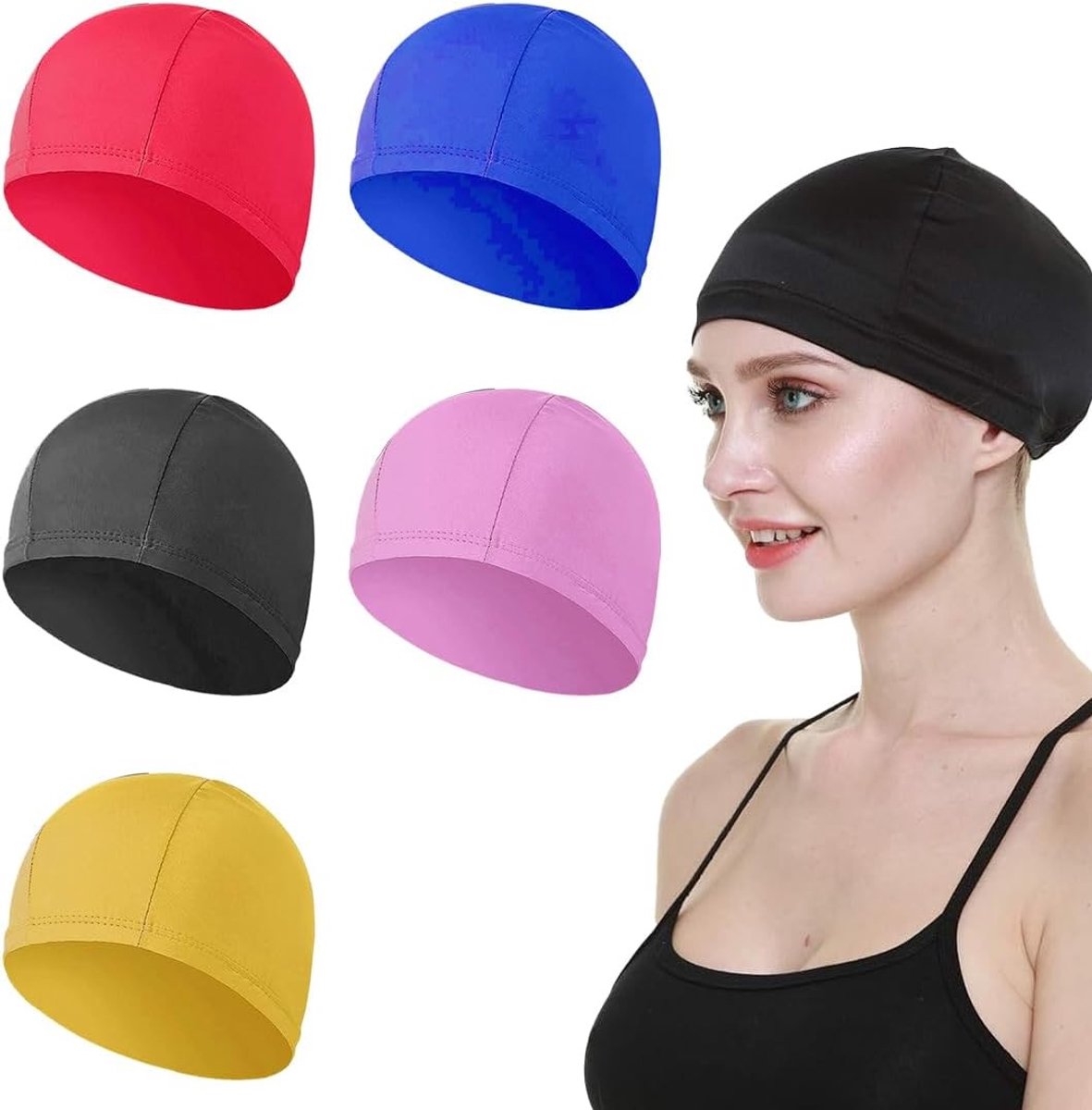 Set van 5 siliconen zwemcaps met oorbescherming, slipvaste coating en comfort voor lang haar, geschikt voor mannen en vrouwen