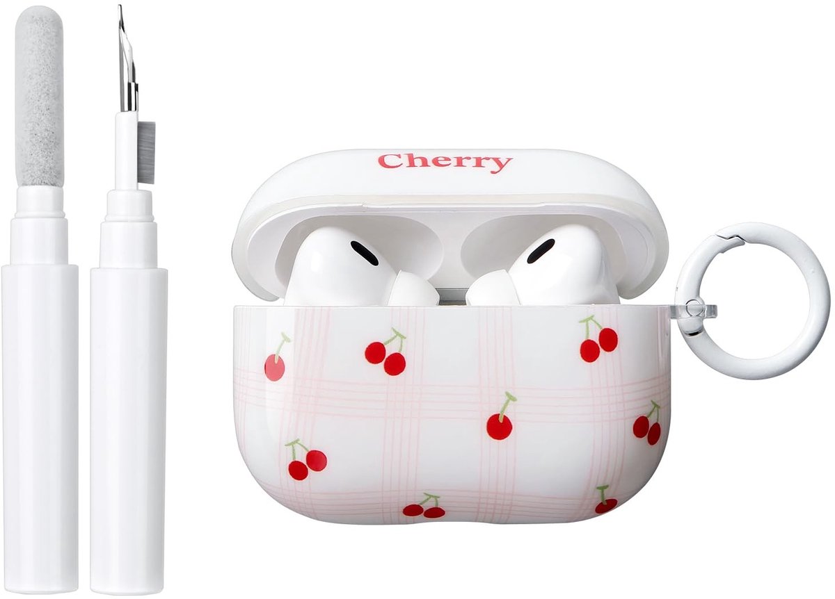 SolidKeus - Beschermhoes voor AirPods Pro met Schoonmaakset, Schattig Kersenkatoenpatroon