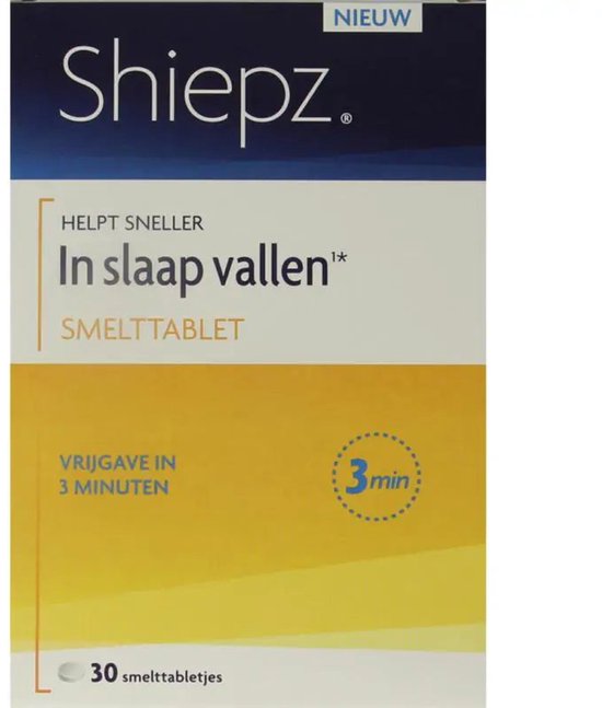 Verpakking van Shiepz smelttabletjes. Nieuw. Helpt sneller in slaap vallen. Vrijgave in 3 minuten. 30 smelttabletjes.
