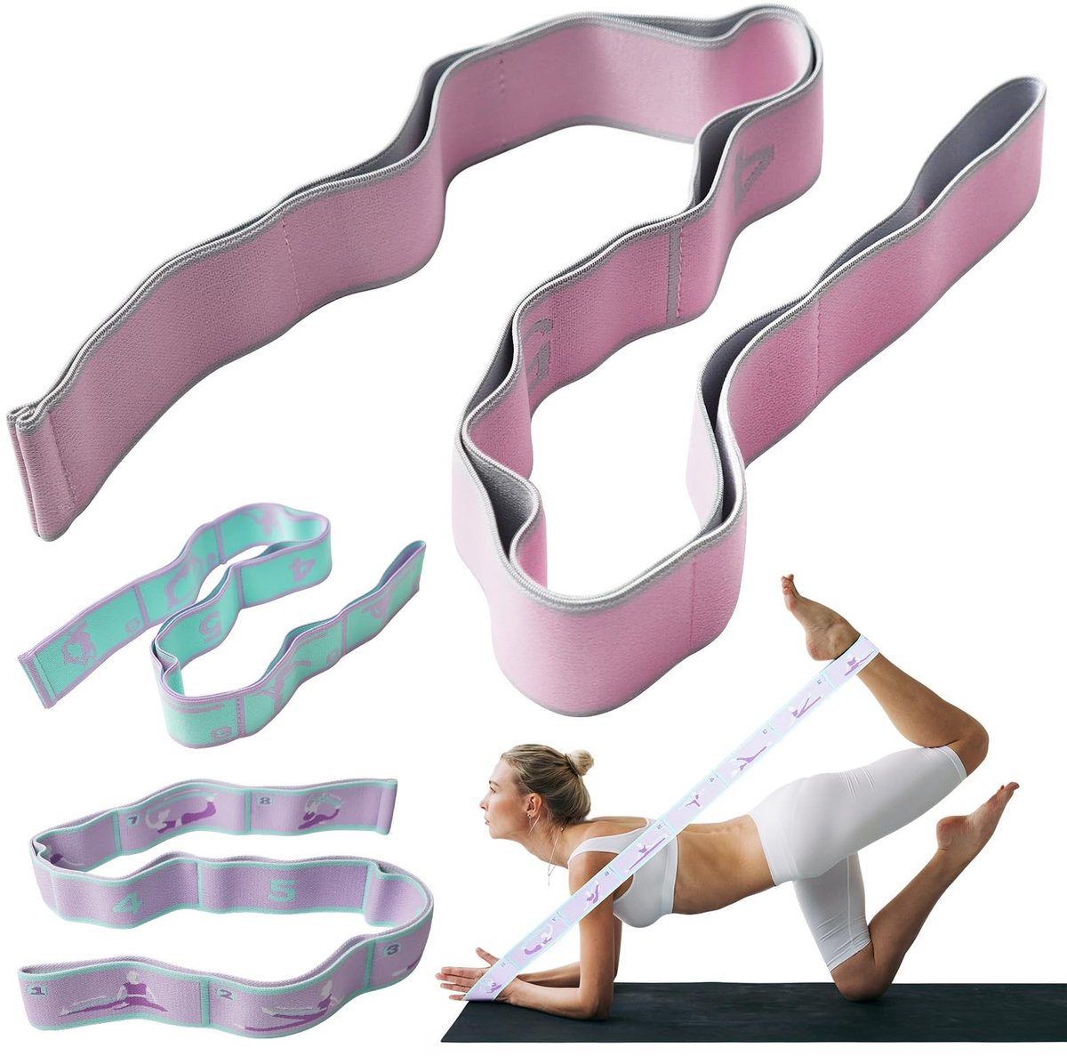 Elzusha - Set van 3 Yoga Stretchbanden met 10 Lussen voor Pilates en Fitness