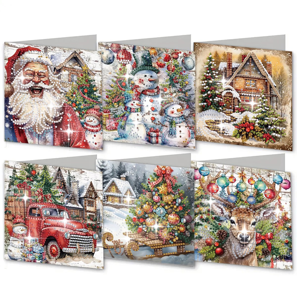 6 Stuks Diamond Painting Kerstkaarten - 15x15cm DIY Kerstkaarten Met Enveloppen - Kerstman Winter Thema Handgemaakte Wenskaarten - Complete Set Met Kleurrijke Diamanten Pen Wax En Bakje - Creatieve Hobby Voor Volwassenen Familie En Vrienden