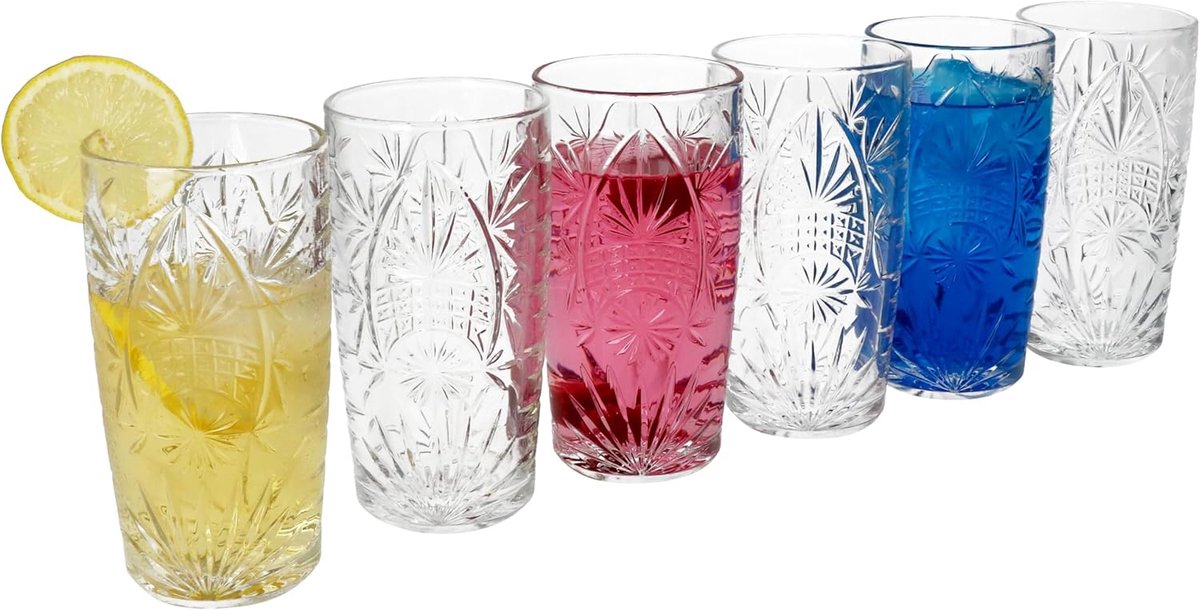 Longdrinkglazen, set van 6 stuks, 300 ml, hoogte 14,3 cm, voor 6 personen, helder cocktailglas met reliëf, transparante partyglazen in de zomer, sapglazen, softdrinkglas, waterglas