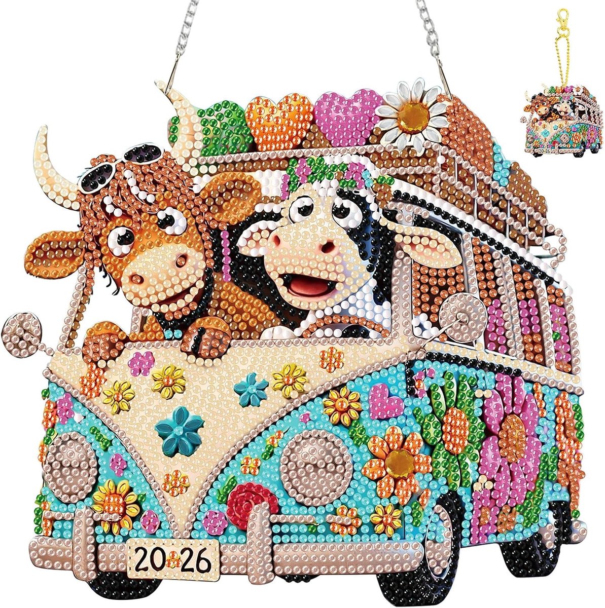Bus Diamond Art Hangers en Sleutelhangers Boards, Speciaal Gevormde Koeien Diamant Schilderij Hangend Bord, Dubbelzijdige Ornamenten voor Raamdeur Decor
