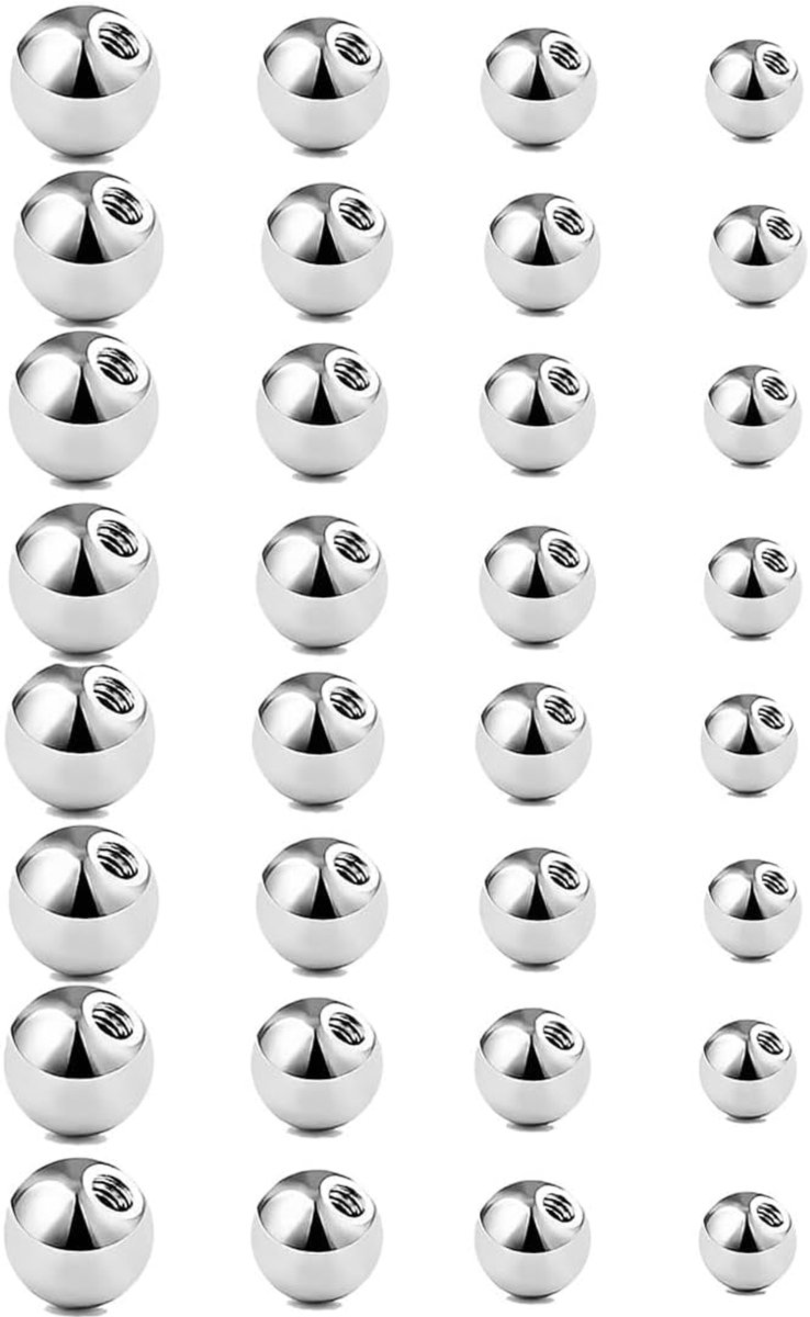 Chirurgisch staal, set van 32 stuks, zilver, 3 mm, 4 mm, 5 mm, 6 mm, reservekogel voor tong, navel en lippen