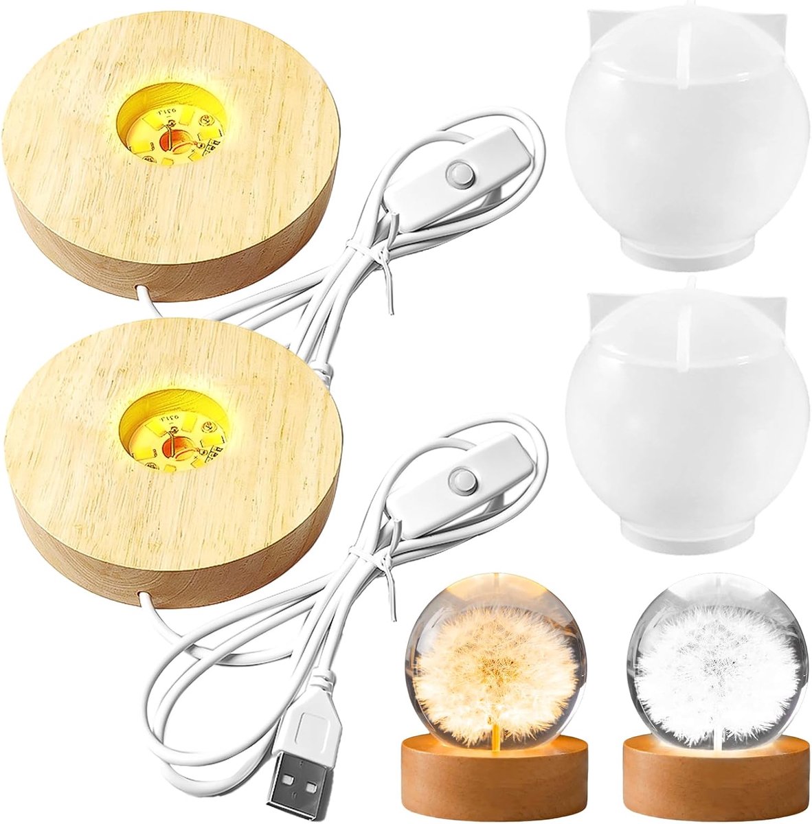 Kogel siliconen vorm met led-houten sokkel, 2 stuks epoxyharsvormen, ronde siliconen vormen voor ledlamp, creatieve gietvormprojecten