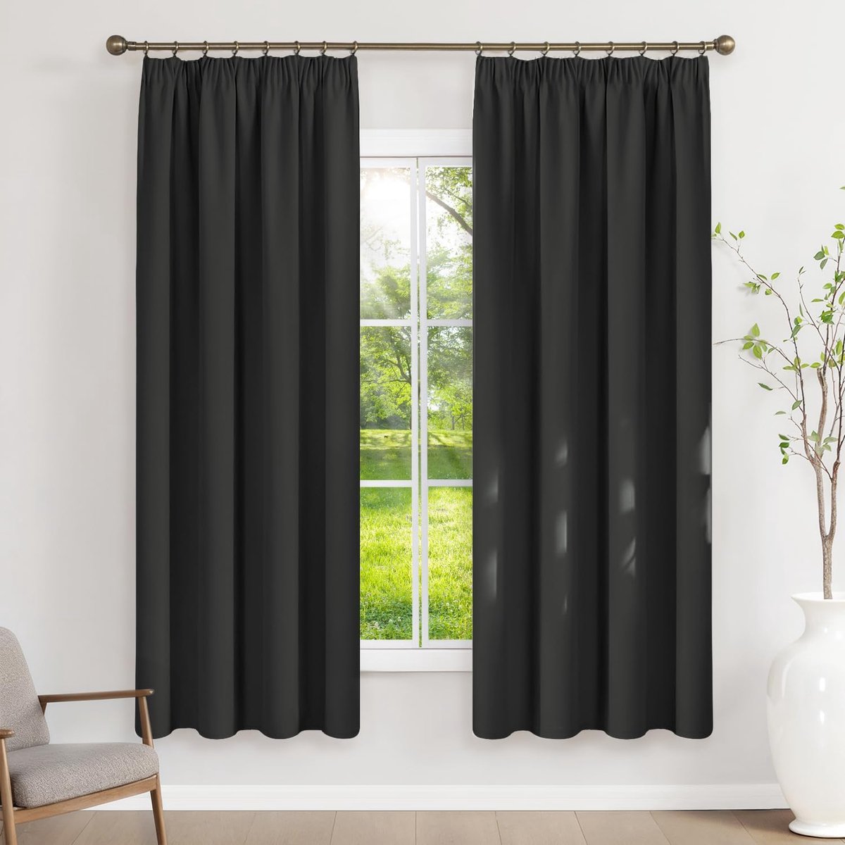 Gordijnen met plooiband, ondoorzichtig, zwart, verduisteringsgordijnen, set van 2, 175 x 140 cm (H x B) voor railsysteem, thermische gordijnen, koudebescherming, schuifgordijnen voor woonkamer