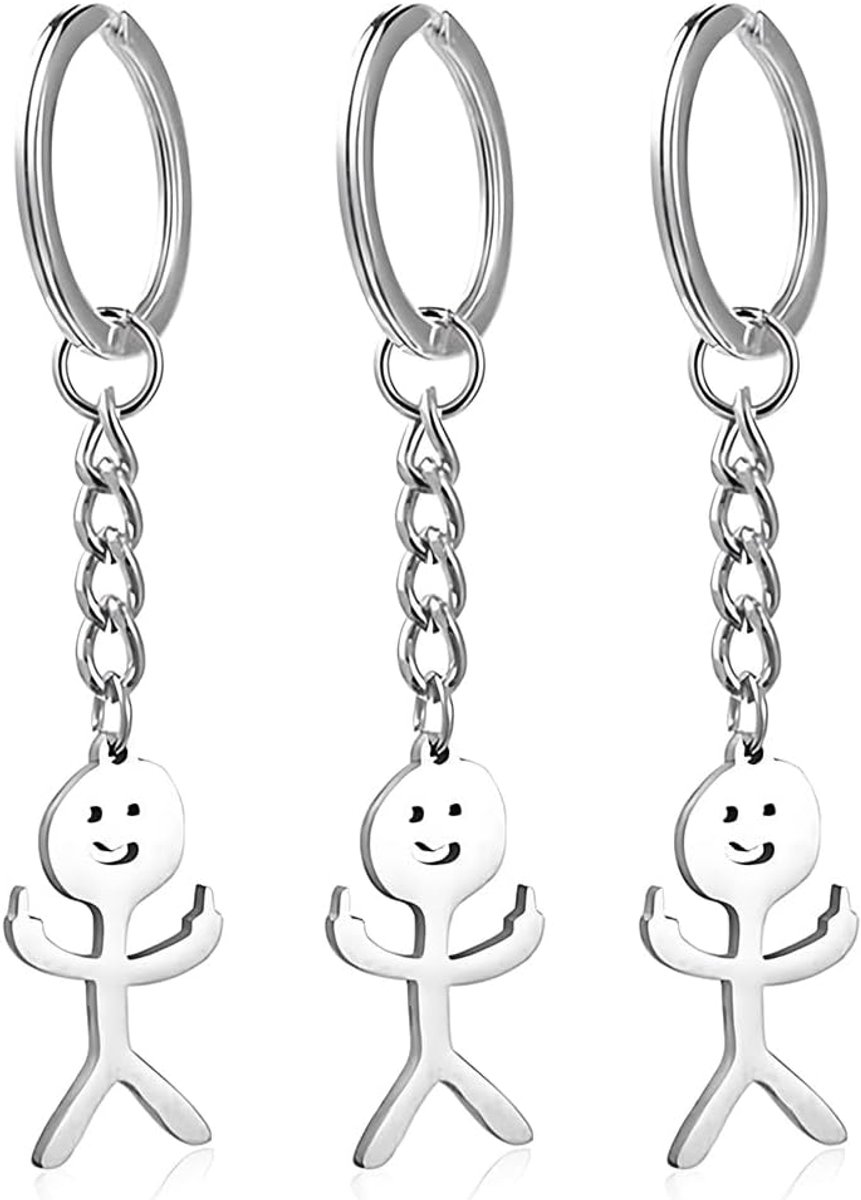 3 stuks grappige sleutelhangers, grappige smiley face, figuur vingertaal stickman schattige trend auto sleutel hanger paar cadeau sleutelhanger jongen (zilver), a, M