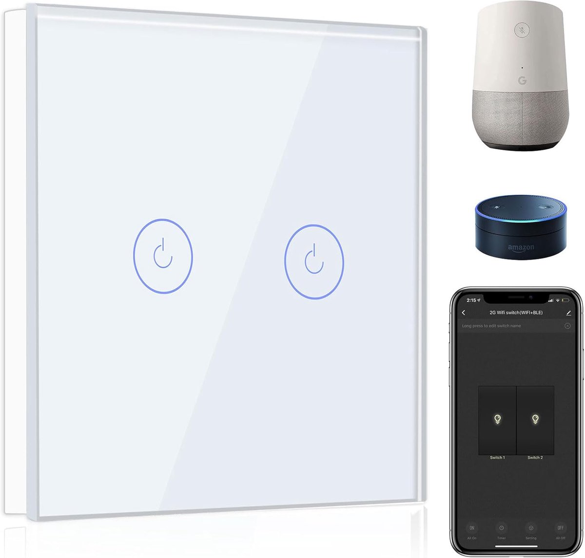 Slimme Lichtschakelaar Wit,2 Voudig 1 Weg WiFi Touch Wandschakelaar compatibel met Amazon Alexa en Google Home,APP-afstandsbediening,Timerfunctie(vereist neutrale Draad)