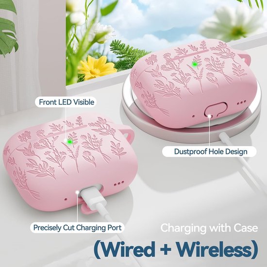 Grasprint Hoesje voor AirPods 4 (Roze) - Gelaserdgraveerde Case, Zacht Siliconenmateriaal, Inclusief Reinigingsset en Sleutelhanger — afbeelding 2