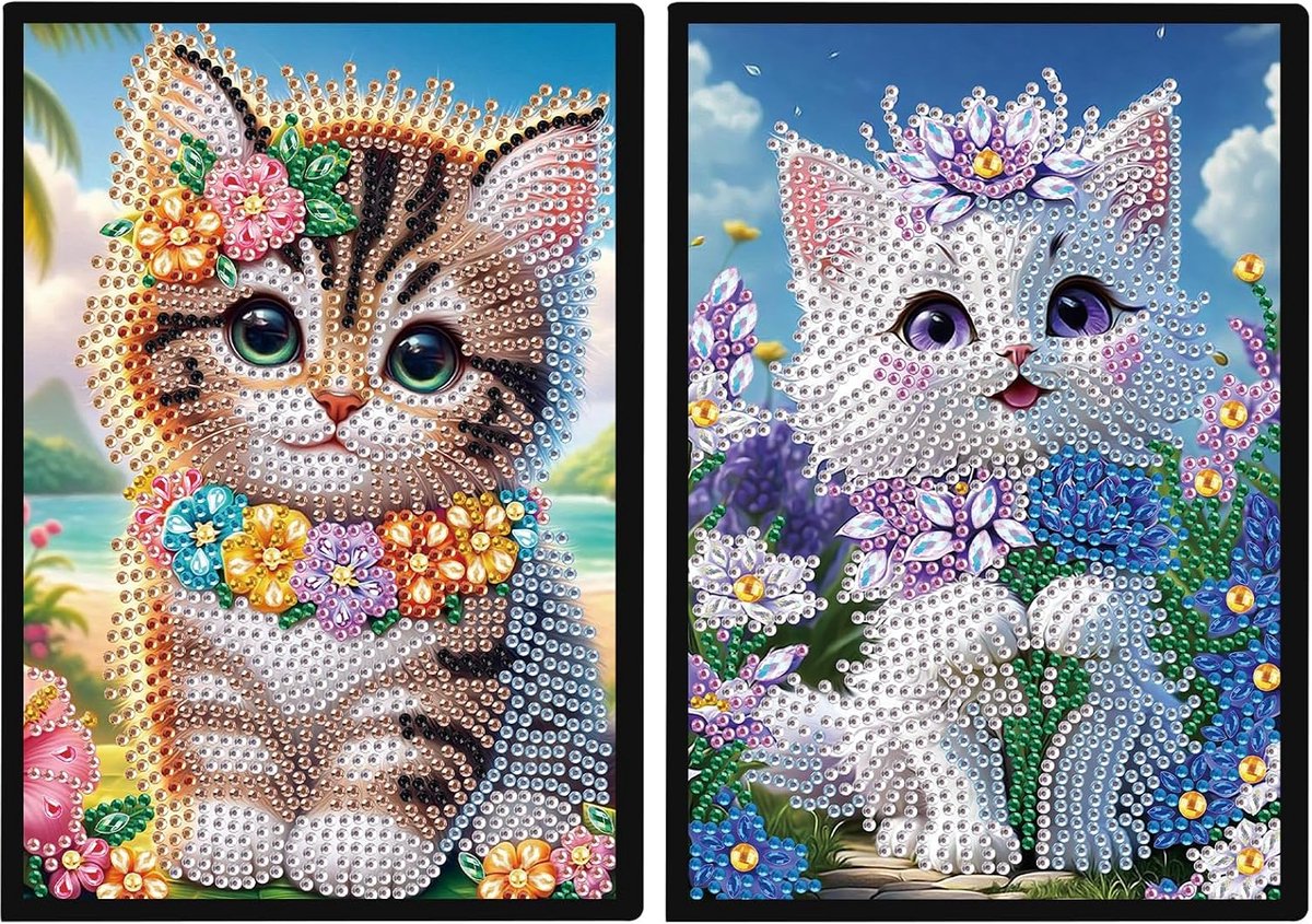 Diamond Painting Notitieboek, 2-delige set, A5, blanco schilderen op nummer, volwassenen, dagboek, diamond painting, notitieboeken, kat, bloemen, knutselset, diamond painting, beginners,