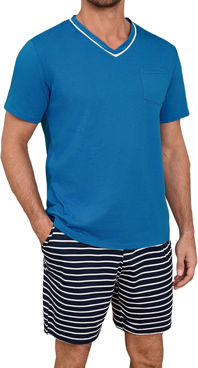 Pyjama heren korte katoenen pyjama zomer korte mouwen shirt met zak pyjama broek in strependesign
