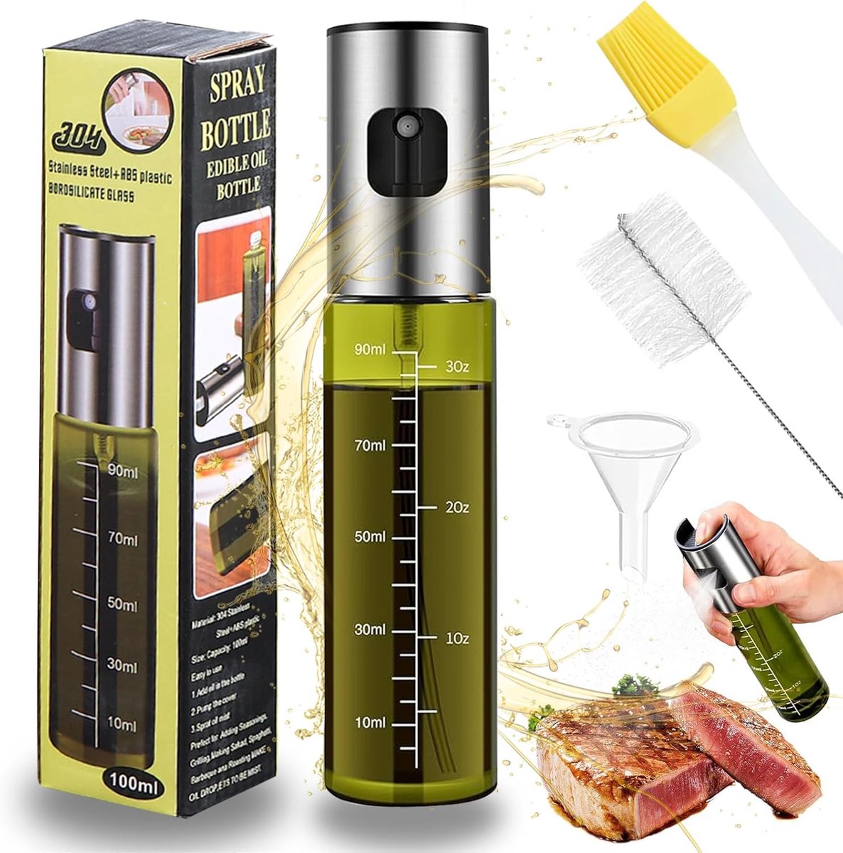 Oliesproeier, 100 ml, olie van glas en roestvrij staal voor de keuken, oliesproeier met accessoires, voor salades, barbecue, pasta, barbecue, groen 1
