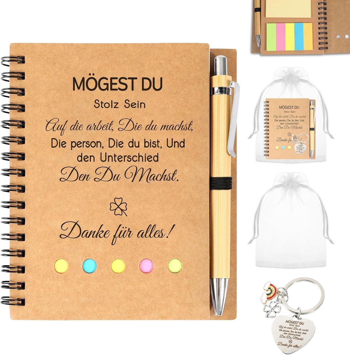 1 stuk afscheidsgeschenk collega's, afscheid collega, medewerkers afscheid cadeau, schrijfwarenset, spoelboek met pen en sleutelhanger met mesh-etui voor collega-afstudeerfeest (Mogest)