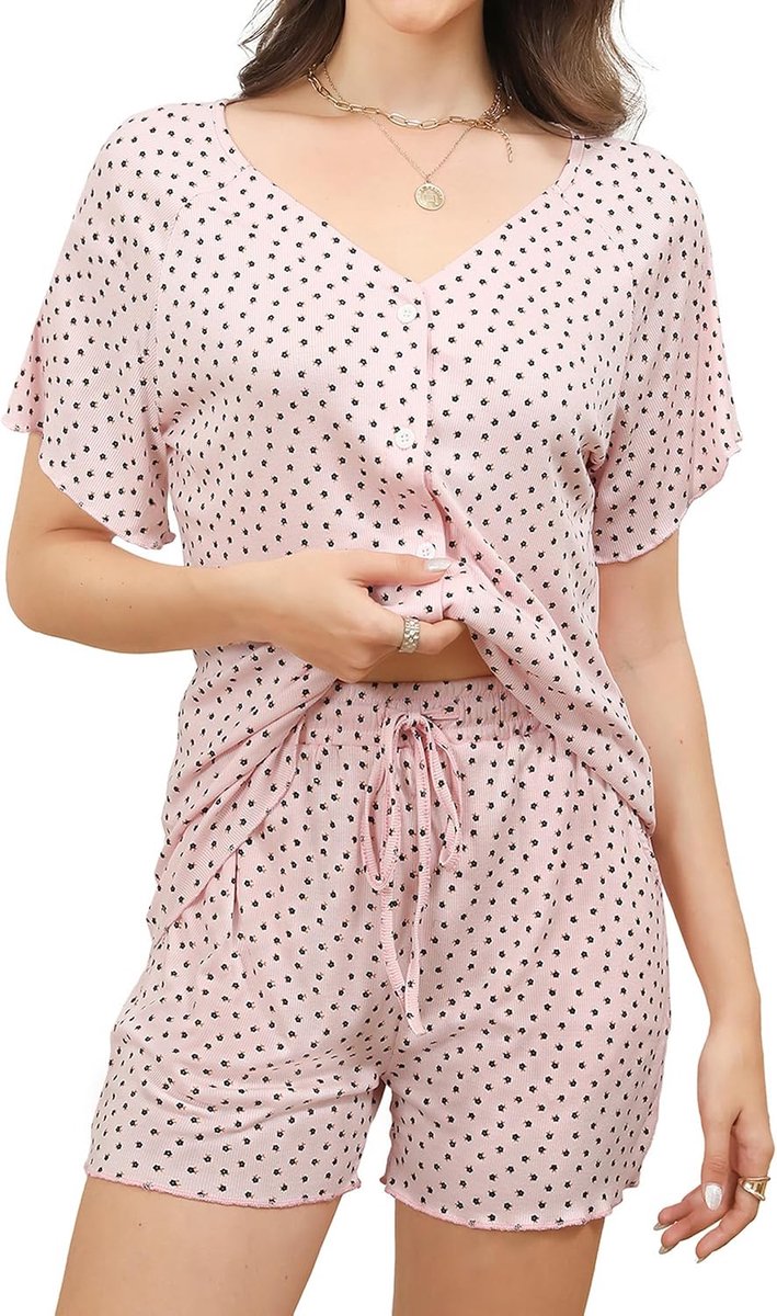 Pyjama voor Dames met Knoopsluiting, V-hals Katoenen Pyjamaset Shorty Loungewear Nachtkleding Zomer Pyjama met Korte Broek