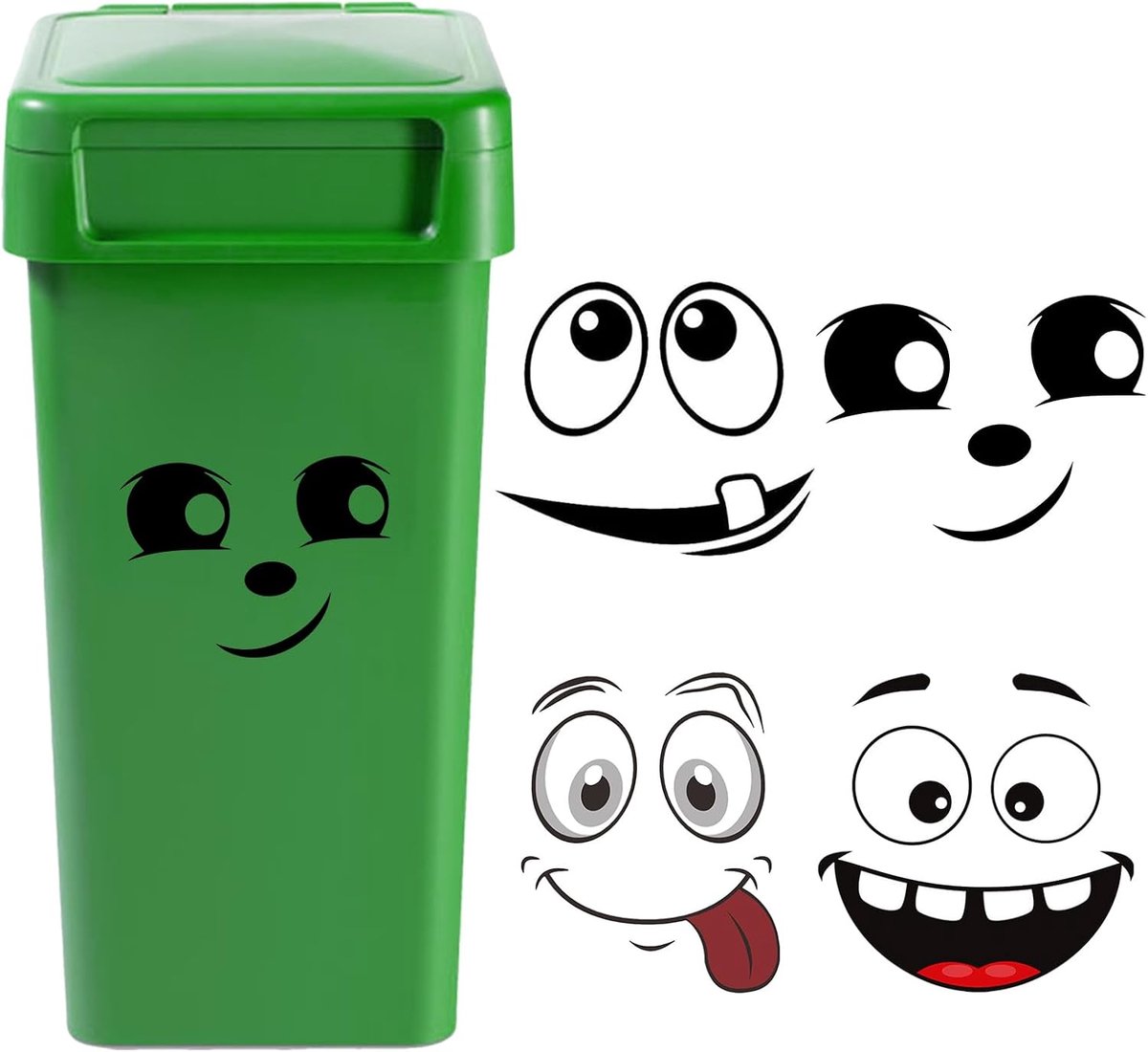 4 vellen cartoon-uitdrukkingen, stickers, vuilnisbak, karikatuur vuilnisbak, stickers ogen en mond, zelfklevende decoratieve muurstickers (B)
