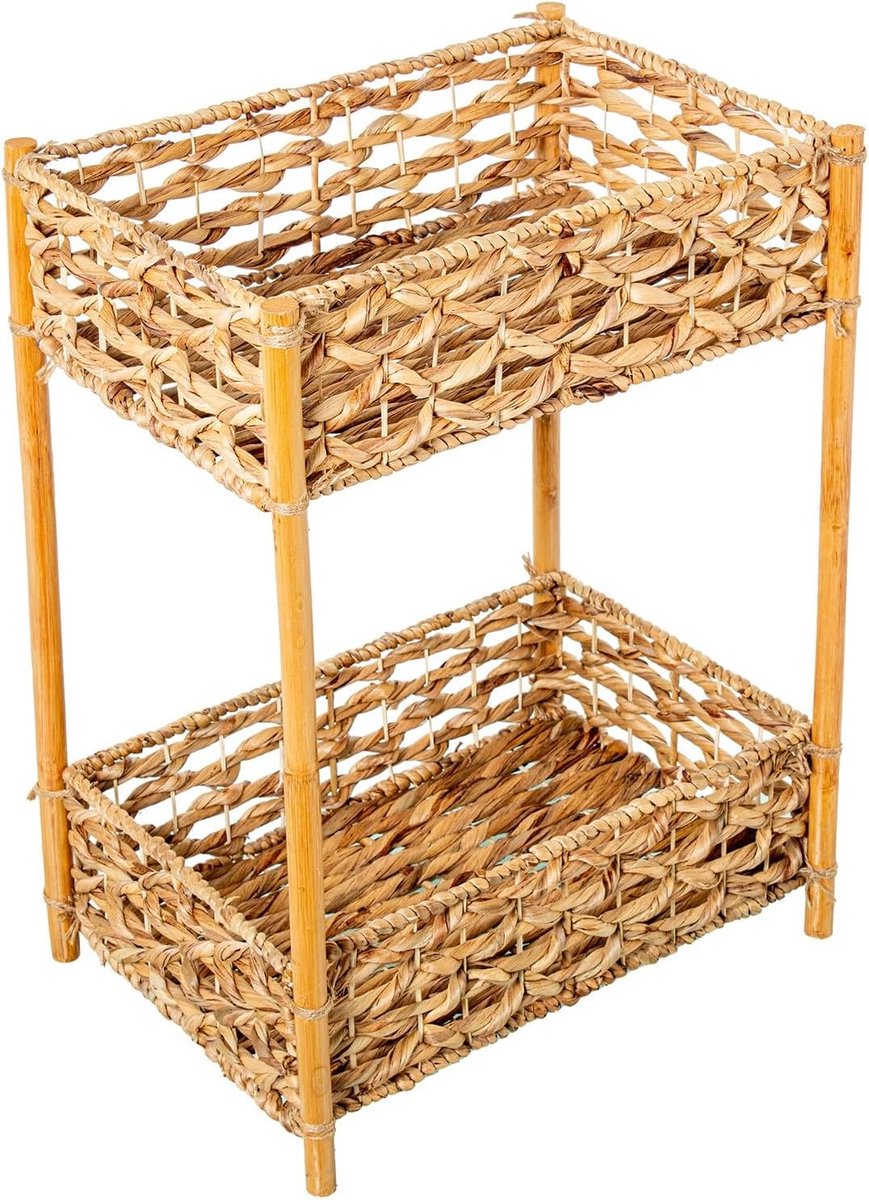 Opbergrek met 2 manden van waterhyacint met houten poten in naturel, 31 x 44 x 60 cm