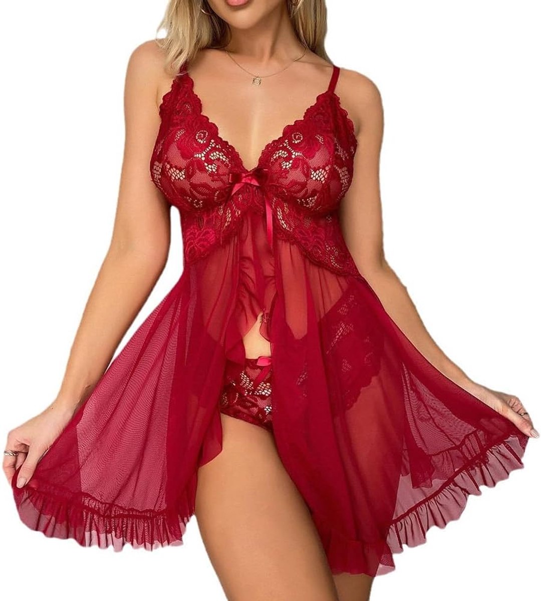Babydoll sexy lingerie voor dames met G-string tanga ondergoed van kant comfortabel aan de voorkant open negligé transparant nachthemd