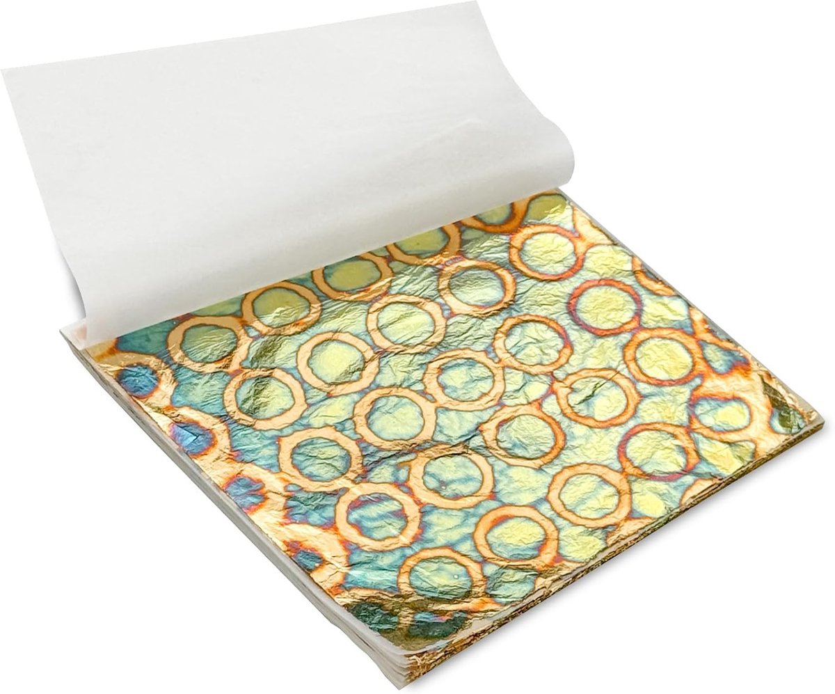 Goudbladvellen 50 stuks, kleurrijke imitatie goudfolie vellen papieren boekje voor kunstambacht schilderen vergulden decoratie, 14 x 14 cm, cirkel