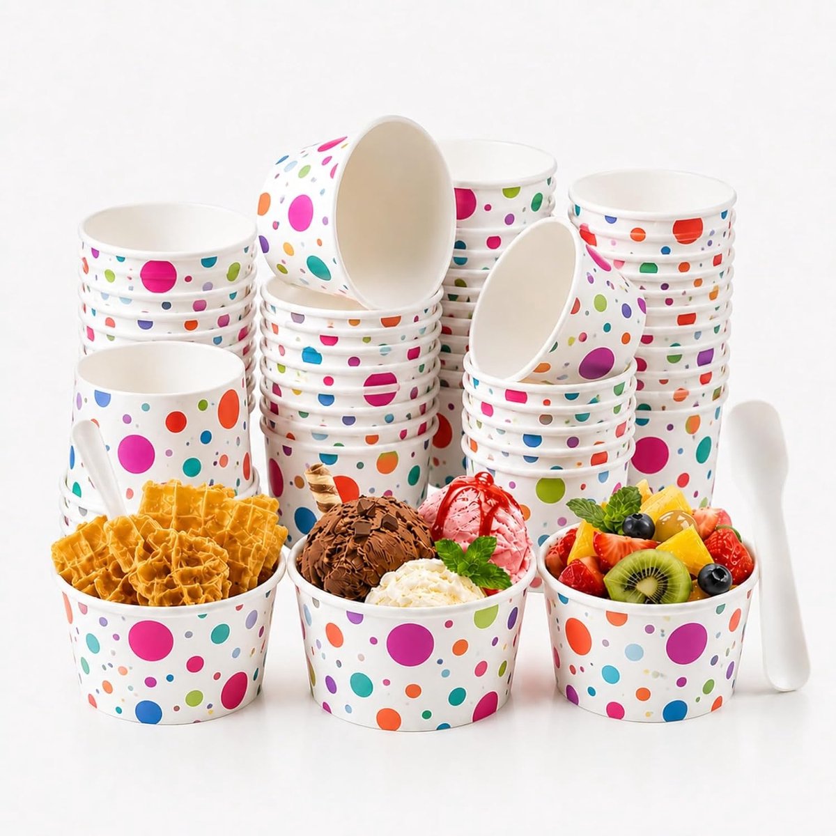 Dellyy 50 stuks papieren ijsbekers, ijsbekers met lepels, dessertbekers, papieren gelatoschalen, papieren bekers, dessertbekers, gelatobekers, wegwerpdessertbekers (DCY)