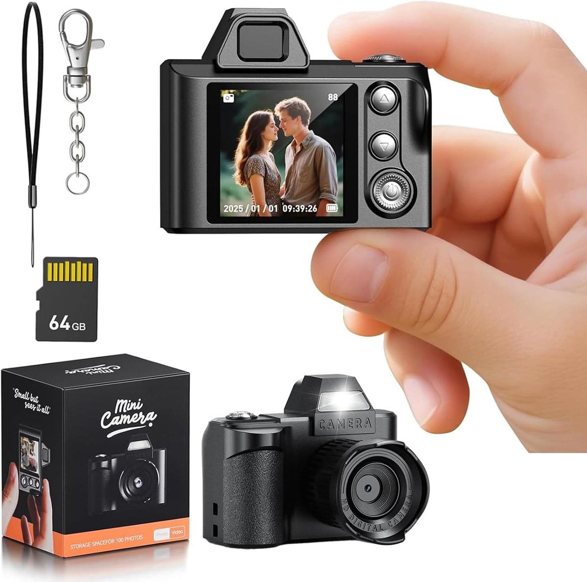casalora-Mini draagbare camera - 64MP digitale camera - (inclusief 64GB SD-kaart en zachte siliconen beschermhoes) - Draagbaar en compact - Geschikt voor kinderen, tieners en beginnende fotografen