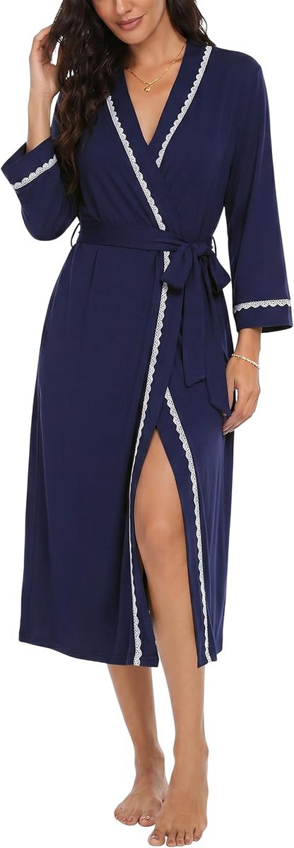 Badjas voor dames, lang, met kant, kimono, nachtkleding | Lichte en zachte damesbadjas met kanten details. Ideaal voor ontspannen ochtenden of gezellige avonden thuis.