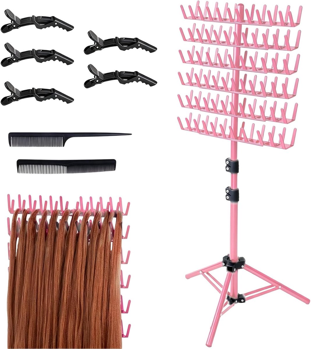 Haarstandaard voor vlechtkapsels, vlechthaarstandaard, pruikstandaard met 144 stiften, haarstylingrek, haarorganizer, voor kappers en vlechten, houder voor haarverlengingen (roze)