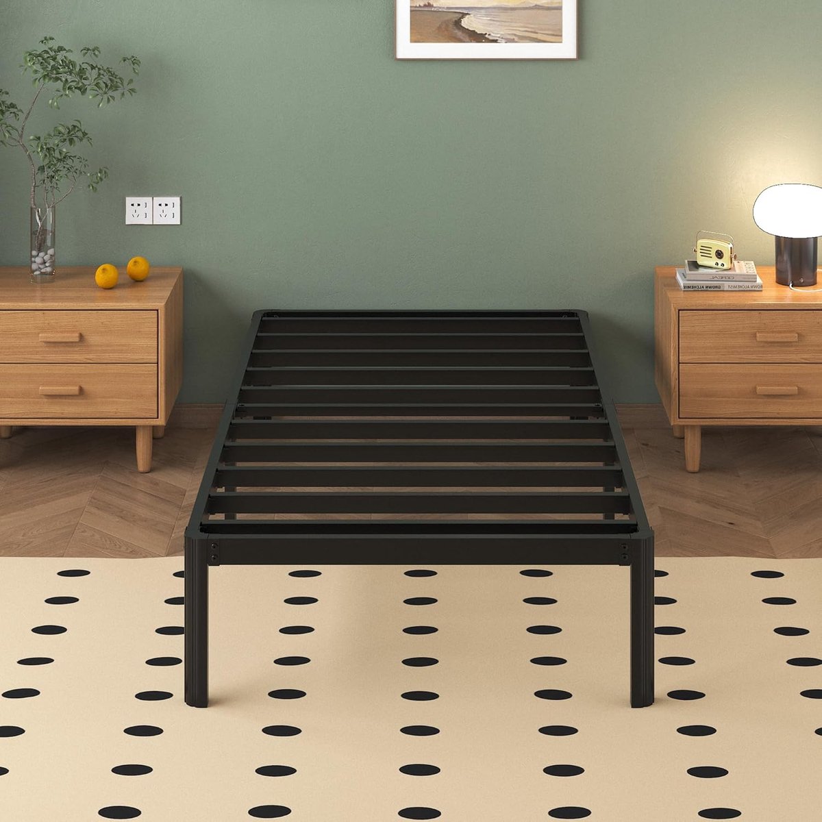 Metalen Bed 90x200 cm met Ronde Poten, Hoogte 36cm Eenpersoonsbed Frame met Metalens Lattenbodem, Zwart