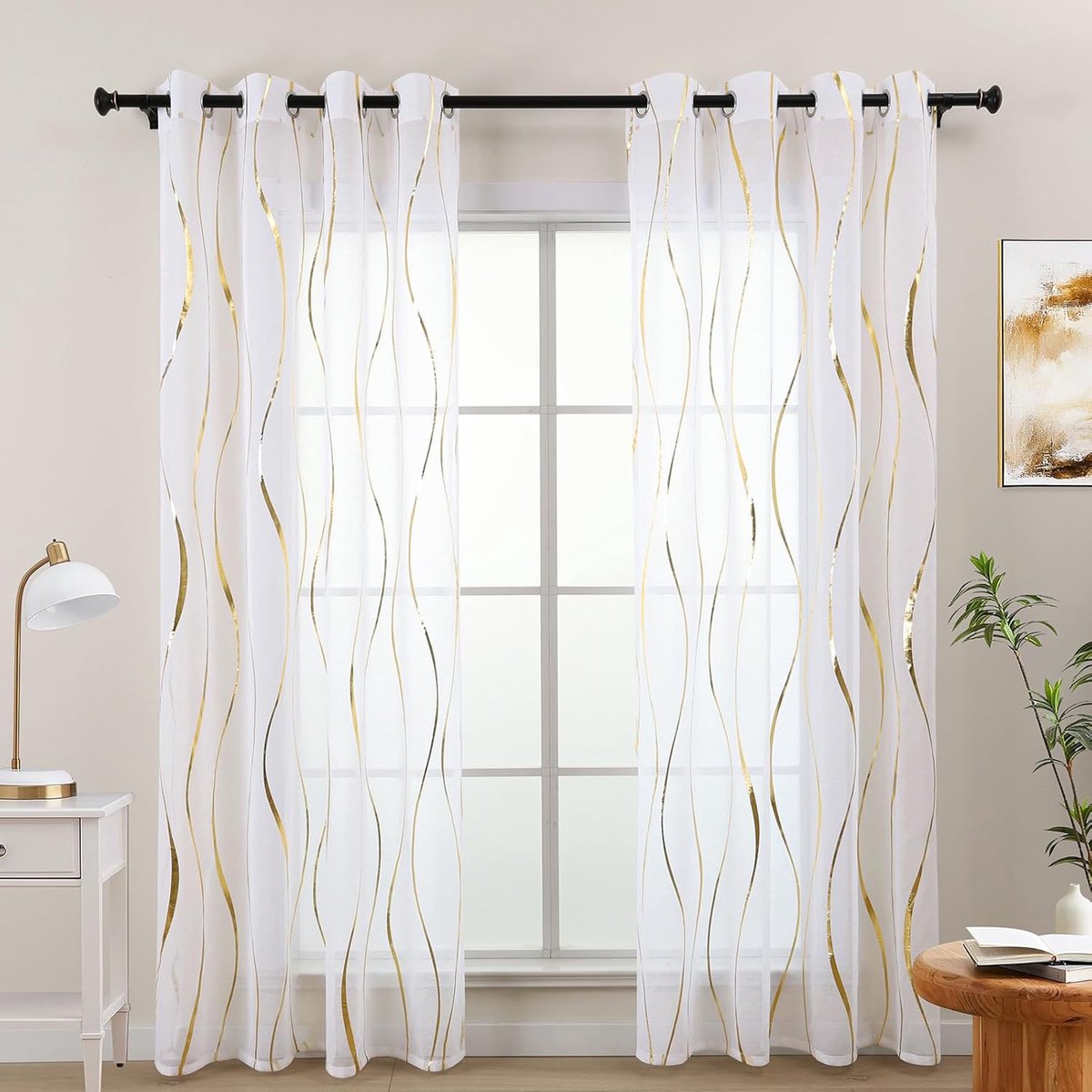 Goud-witte transparante gordijnen in linnenlook, transparante gordijnen met oogjes voor woonkamer, slaapkamer, keuken erkers, 145 cm lang, 2 panelen set, korte en moderne decoratieve gordijnen