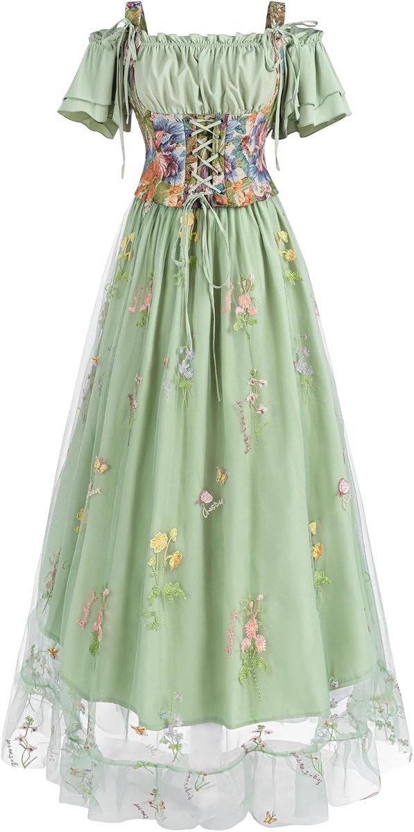 Kleding dames set | elfenkostuum | tweedelige maxi-jurk in groen | off-shoulder bovendeel & tule rok met bloemenborduurwerk