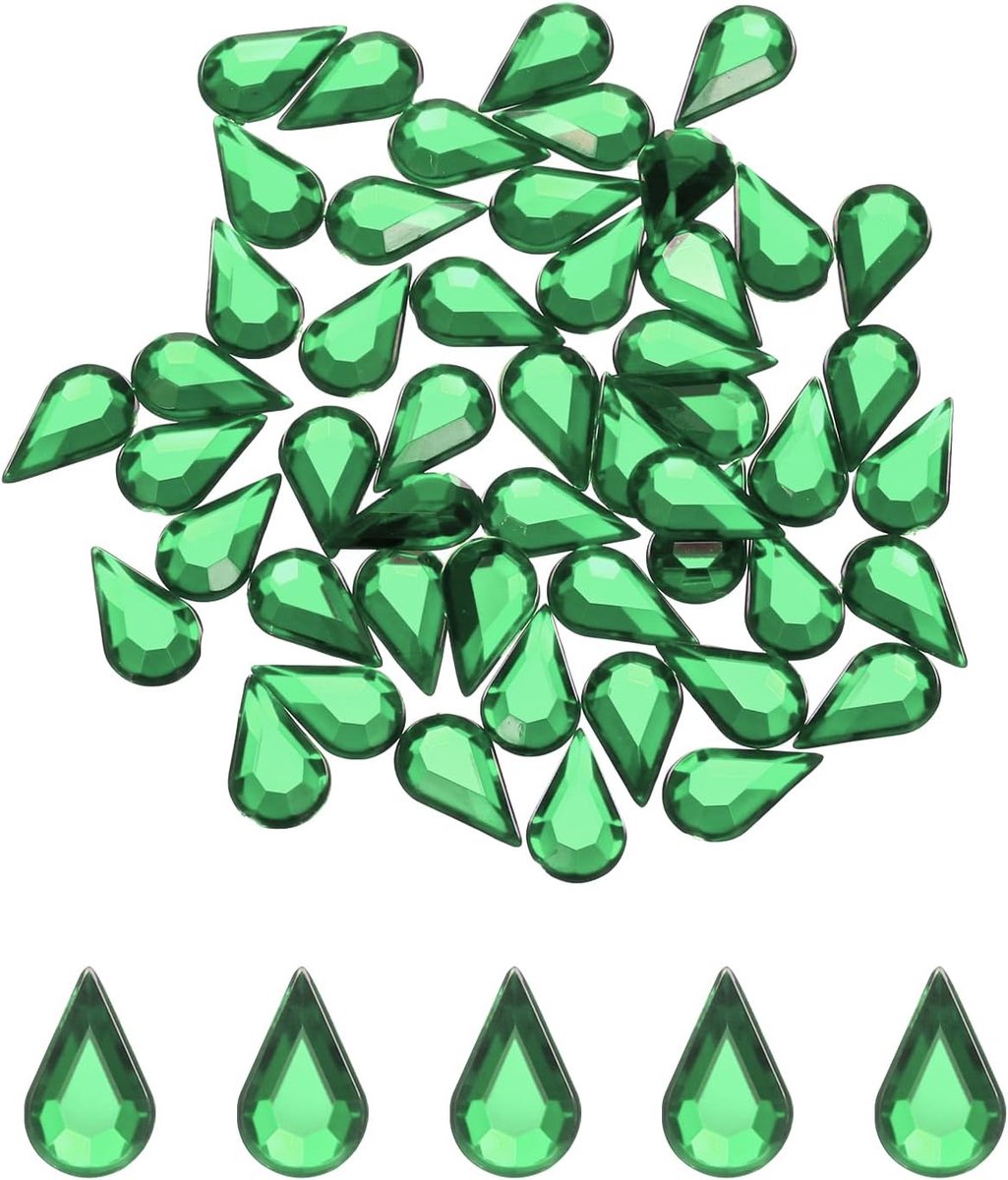 50 stuks acrylstenen met platte rug in druppelvorm, 8 x 13 mm, kunststenen voor knutselwerk, bruiloften, gezichtsmake-up, groene sieraden