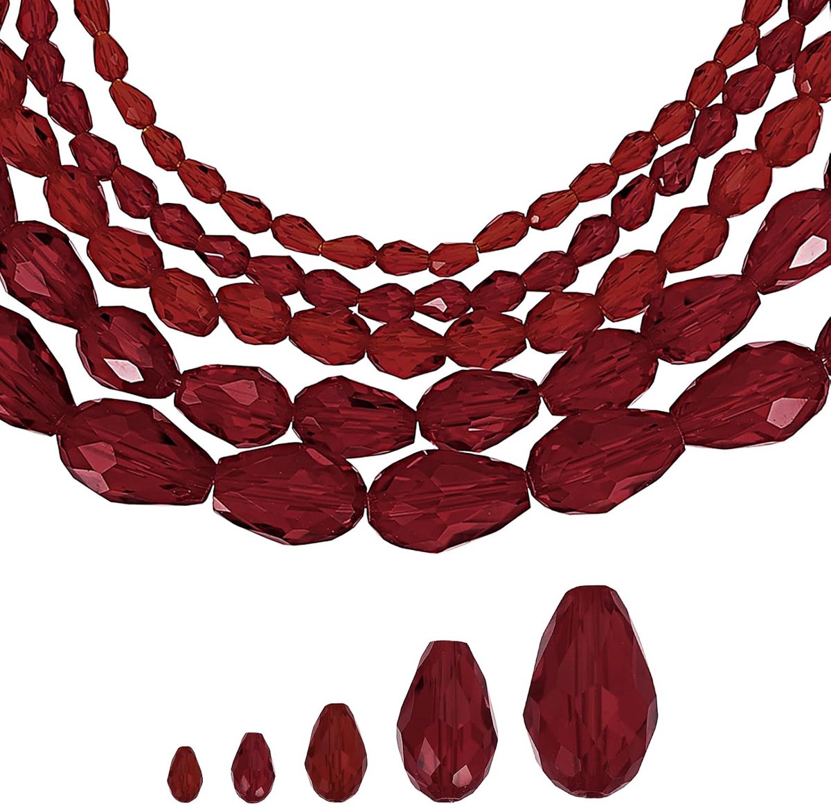 Kralen in druppelvorm, 3 x 5 mm, 4 x 6 mm, 6 x 8 mm, 8 x 12 mm, 10 x 15 mm, verticaal gat, facetgeslepen glazen kralen voor halskettingen, armbanden en knutselwerk, rood