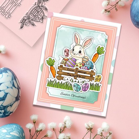 Vrolijk Pasen Postzegels en Matrijzen Set voor Kaarten Maken Paashaas Ei en Truck Clear Stempels en Snijmallen voor Scrapbooking DIY Crafting Decoratief — afbeelding 2