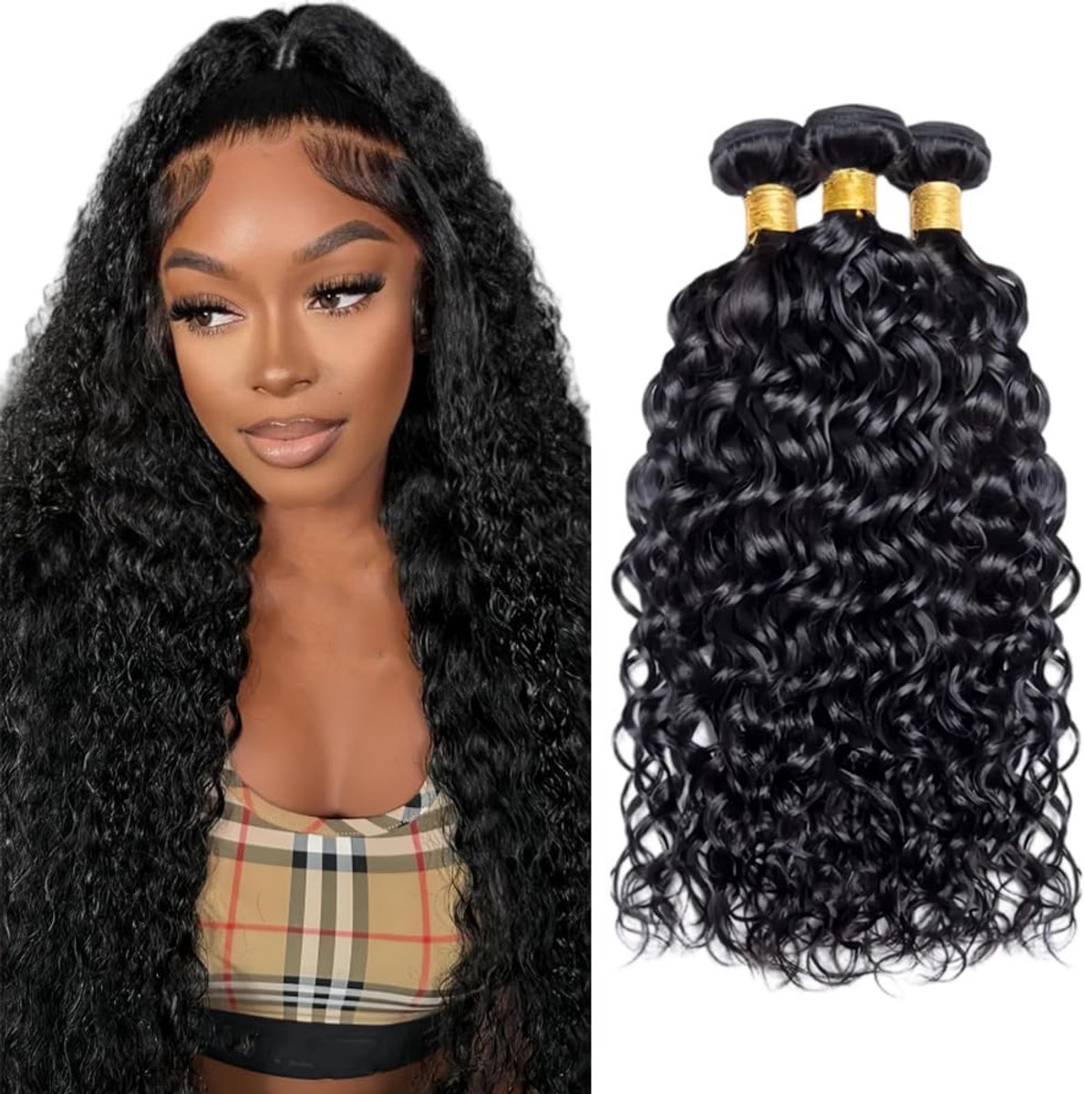 24 26 28 Inch Water Wave Bundles Human Hair #1B Natural Black Haarverlenging Unprocessed Double Weft Weave Brazilian Remy Virgin Human Hair Extension 100g/bundle Total 300g