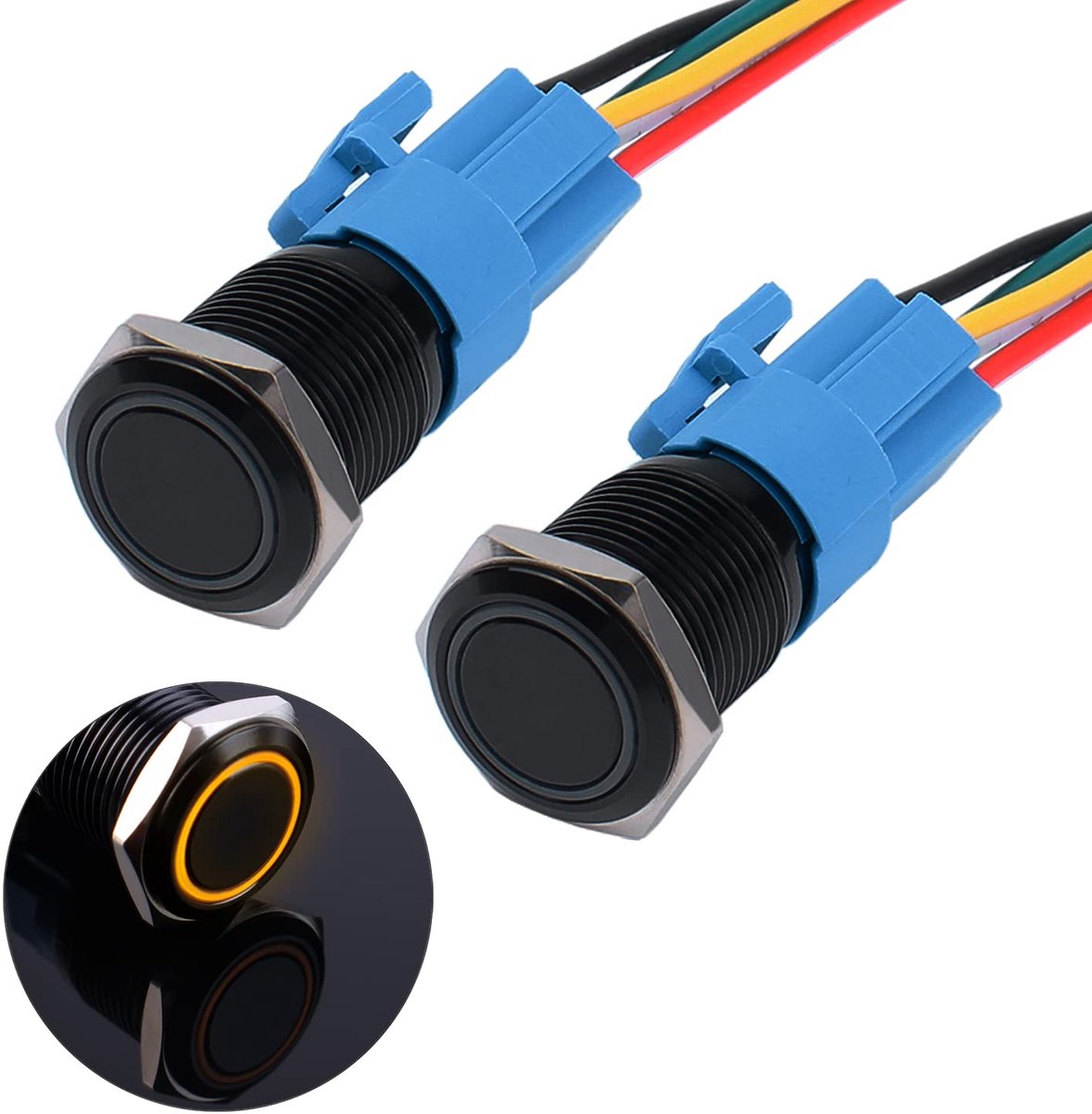 2 x 16 mm vergrendelingsdrukschakelaar, 12 V tot 24 V, 3 A, waterdicht, zelfhoudend, zwart, drukknopschakelaar van metaal, led-verlichte voorbekabelde aan/uit-vergrendelingsknop, schakelaar met