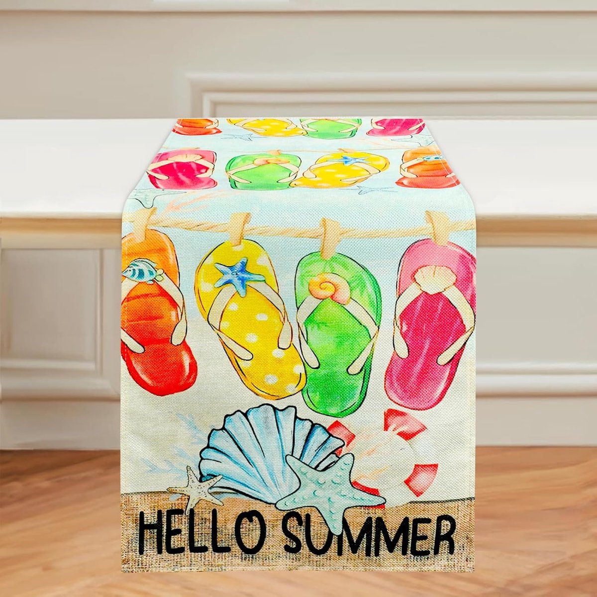 Zomerse strandtafelloper, tropische zomerse tafeldecoratie met slipper, reddingsring en zeester voor woondecoratie, keuken en eetkamer