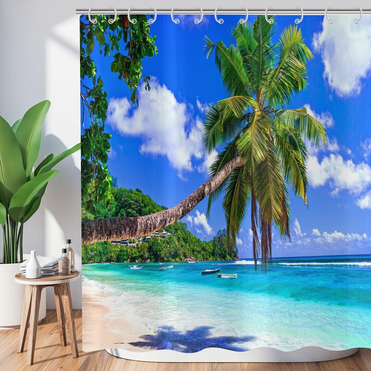 Douchegordijn met palmenstrand, 120 x 200 cm (b x l), zomers, met zee en zandstrand, blauwe hemel, tropische planten, wasbaar, polyester textiel, waterdicht voor badkuip, met 8 haken
