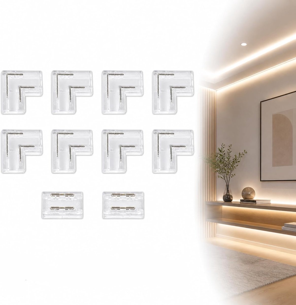 10 stuks COB led-stripverbinders, 2-polig, 8 mm, 8 L-hoekverbindingen en 2 rechte connectoren, naadloze montage, transparant, compatibel met 12 V/24 V
